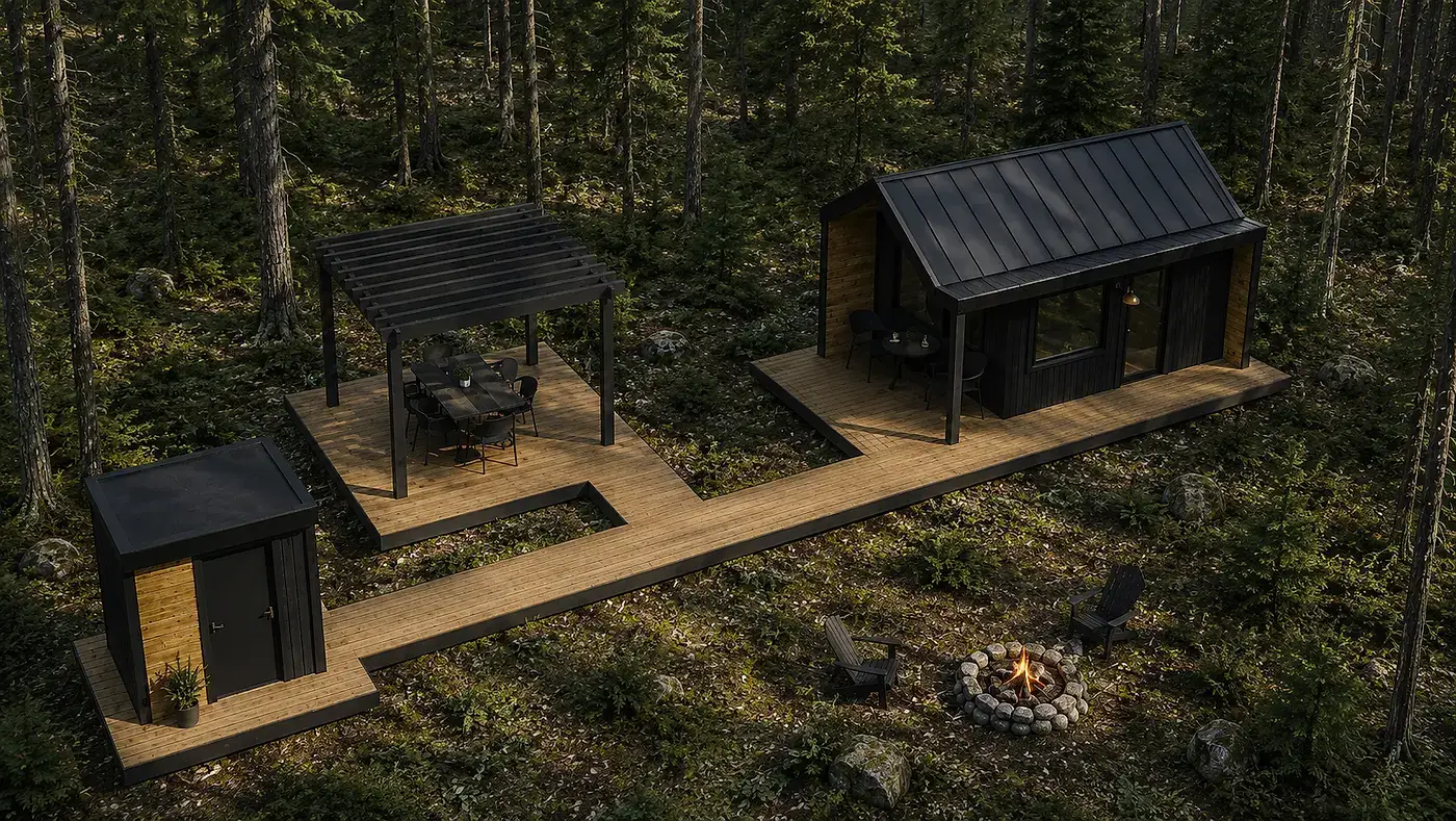 Rendering of a Pine Hideout collection: a cabin, a Bath Pod, and the platforms and walkways that connect them